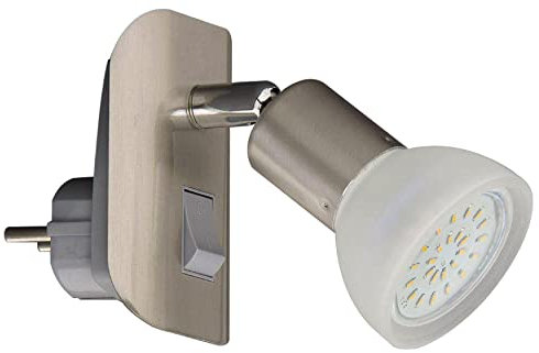 Trango Luz de enchufe LED 11-042 en níquel mate con Pantalla de vidrio, enchufe de luz nocturna Incluye 1x GU10 3000K lámpara LED blanca cálida y encendido/apagado conmutador Lámpara de lectura