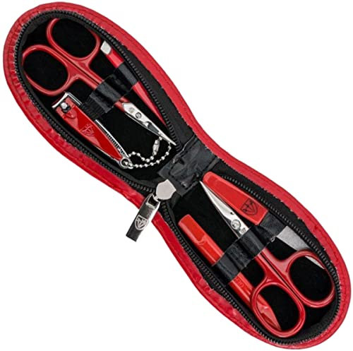 DREI SCHWERTER - Germany 6-tlg. Maniküreset Nagel Set 'PIEMONT' Etui in Kunstleder rot | Inhalt: Nagel/Hautschere, Nagelknipser, Pinzette, Nageldoppelinstrument, Saphirnagelfeile (grob/fein)