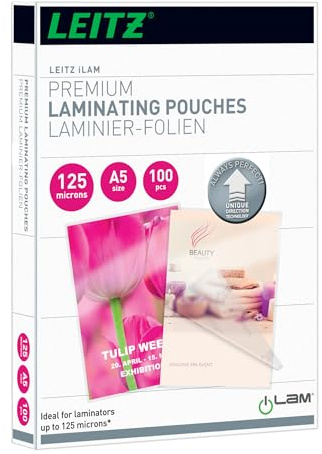 Leitz Varmlamineringsfolier A5 125 mic, lamineringsfilmer i premiumkvalitet i 100-pack, glänsande, transparent, förenklad insättning tack vare UDT, iLAM, 7493000