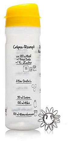 Pfannkuchen-Shaker (GELB) für 4 Portionen (875ml) Pfannkuchenteig mit Rezeptaufdruck für Pfannkuchen und Crêpes und praktischem Mixer aus Edelstahl Mit innovativem Ausgießer Patentierter Shaker