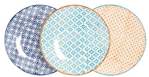 Nicola Spring Hand-Printed Side Plates - 18cm - 3 Colours - Pack of 6 - Porcelain Decorative Patterned Dining Dish Plates for Snacks, Starters, Dinner, Dessert