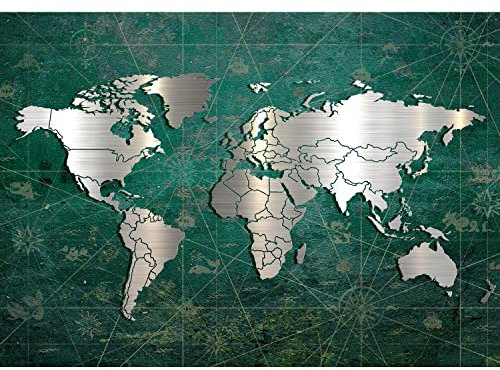 Runa Art Papier peint intissé métallique Carte du monde 352 x 250 cm Toison Mur XXL Tableaux Muraux Tapisserie Photo Décoration Murale Salon Chambre argent vert 9031011c