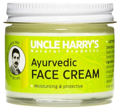 Uncle Harry's Natural Products Ayurvedic Face Cream with Jojoba Esters and Pure Essential Oils of Turmeric, Sandalwood, Palmarosa, and Cypress – For Day and Night Use, Vegan, 2 Fluid Ounce Glass Jar