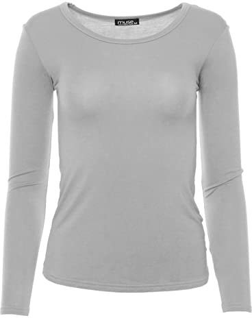 Easy Young Fashion - Damen Basic Rundhals Shirt - Langarm Unterziehshirt - Skinny Fit 1093 - Hellgrau M