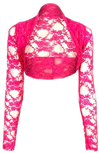 Krautwear damer bolero lång ärm stola nolerojacka bröllop festlig spets svart vit röd beige blå rosa, ROSA, One Size Stor