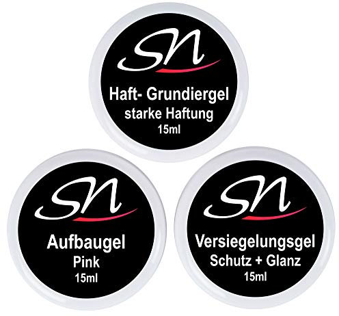 SN Haftgel Grundiergel Aufbaugel rose pink rosa und Versiegelungsgel Nagelgel UV Gel Set klar 3 x 15ml