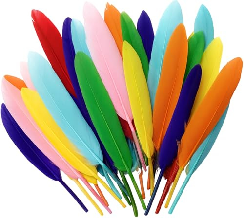 Kids B Crafty Feathers for Crafts – 40 Coloured Craft Feathers for Hats, Costumes & Decorations | 14 cm Long Soft Quill Plumes