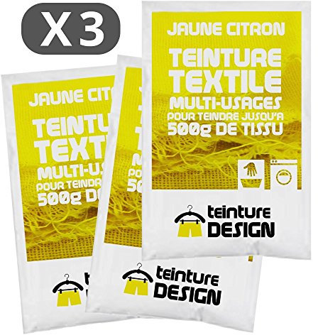 Lot de 3 sachets de Teinture Textile - JAUNE CITRON - teintures universelles pour vêtements et tissus naturels