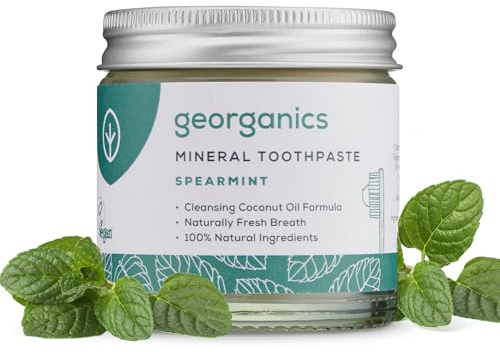 Georganics Mineral Toothpaste - 60ml - Spearmint Flavour - Fluoride, SLS & Glycerine Free - Non-Foaming Natural Toothpaste with Virgin Coconut Oil - Certified Cosmos, Vegan and Cruelty-Free