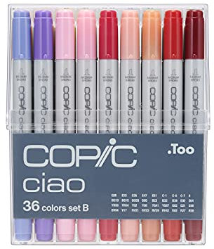 COPIC Ciao Set de 36 marqueurs à encre à alcool permanente double pointe, pointe pinceau ultra souple et large biseautée, rechargeable – set B