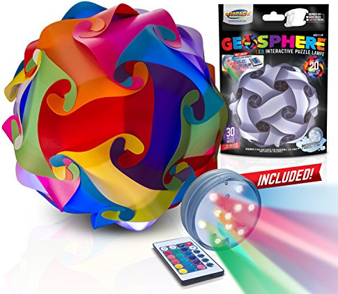 GEOSPHERE 16 Inch Diameter 30 Piece Rainbow Assorted Colored Puzzle Lamp Kit with 20-Mode LED Light, Hanging Cord & Instructions - Hang in Any Room or Outdoor Deck or Patio