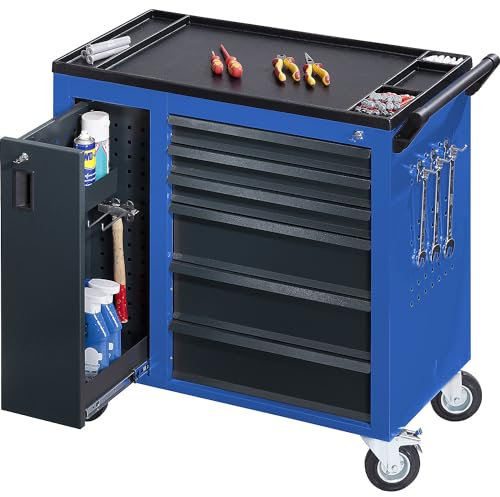 eurokraft | Werkstattwagen Jumbo | mit Vertikalauszug und 6 Schubladen | HxBxT 935 x 900 x 460 mm | enzianblau