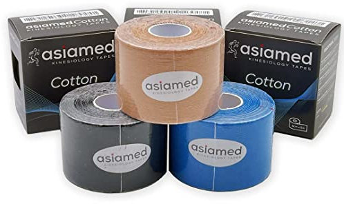 3 rotoli kinesio scatolate marca ASIAMED di taping neuromuscolare nastro kinesiologico cm 5x5 mt colori assortiti KINESIOLOGY TAPING A03AS