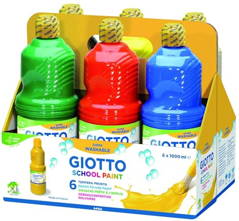 Giotto - 530900 - Assortiment de 6 flacons de 1 Litre de Gouache Lavable prête à l'emploi - pour école