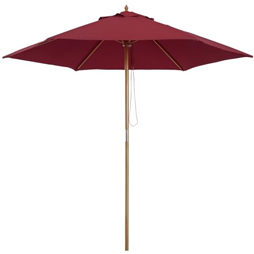 Outsunny Ombrellone da Giardino 2.5x2.3m, Ombrellone Parasole a 6 Stecche in Legno e Poliestere, Rosso Scuro
