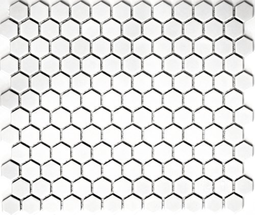 Mosaik hexagon uni vit glänsande keramisk mosaik, mosaiksten format: 23 x 26 x 5 mm, bågstorlek: 260 x 300 mm, 10 ark