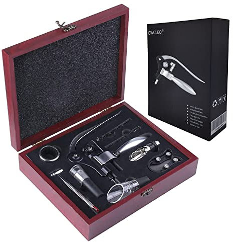 GWCLEO Cavatappi, 9 Pezzi Manuale Apribottiglie per Vino, Set di Accessori da Vino con Cavatappi, Taglia Capsule, Tappi Versatori, Aeratori, Pompe, Salvagoccia, Termometri da Vino e Vite di Ricambio
