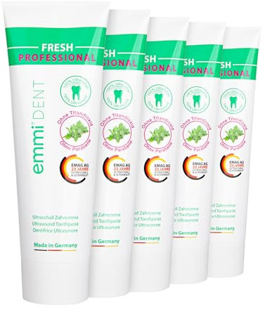 emmi®-dent Dentifrice à Ultrasons Fresh I Au Goût Frais de Peppermint I Idéal pour les Dents et Gencives Sensibles I Sans Microplastiques ni Nanomatériaux I Vegan et Sans Gluten I 5 x 75 ml
