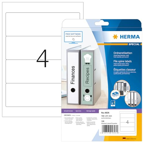 HERMA Self Adhesive Spine Labels, 4 Labels per A4 Sheet, 25 Sheets, 192 x 61 mm, 100 Labels, Blank Lever Arch File Folder Labels Stickers, Sticky Labels for Laser & Inkjet Printer, White