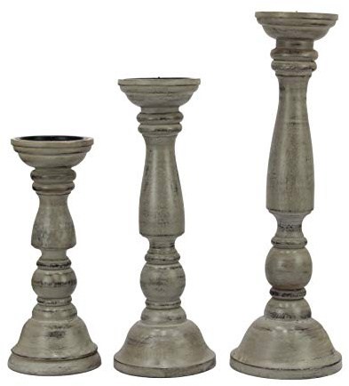 Solid Wood Candle Pillar Holder - Set of 3 Handcarved Candlestick Holder Stand - Boho Rustic Holiday Table Centerpiece Farmhouse Mantle - 17 14 11 H - Antique Charcoal Grey Distressed -COTTON CRAFT