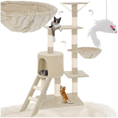 tectake® Arbol Rascador para Gatos, Rascador 144cm, Caseta, Varias Alturas, 3 Ratones de Juguete, Nido, Protección Antivuelco, Estructura Robusta, Rascador Gato - Beige