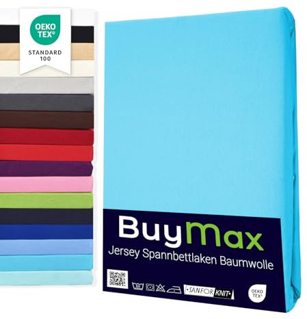 Buymax® Spannbettlaken 200x200cm Baumwolle 100% Spannbetttuch Bettlaken Jersey, Matratzenhöhe bis 25 cm, Farbe Türkis
