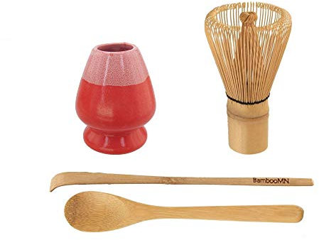 BambooMN Brand - Matcha Green Tea Whisk Set - Whisk + Scoop + Tea Spoon + Coral Whisk Holder