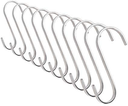 Flat S-Shaped Hanging Hooks - for Kitchen Utensils, Garage or Garden Tools, etc. - Heavy Duty Genuine Solid 304 Stainless Steel - Multi Purpose - This Kit Contains 10 Medium Hooks