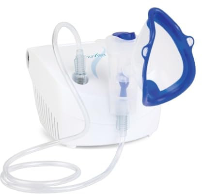 Nuvita 5020A | Inhalador Nebulizador Portátil | Aerosol a Pistón | Compatible con Medicamentos Oleosos | 1 Máscara Adultos y 1 Niños | Ultra Silencioso | Para Niños y Adultos | Diseño Italiano