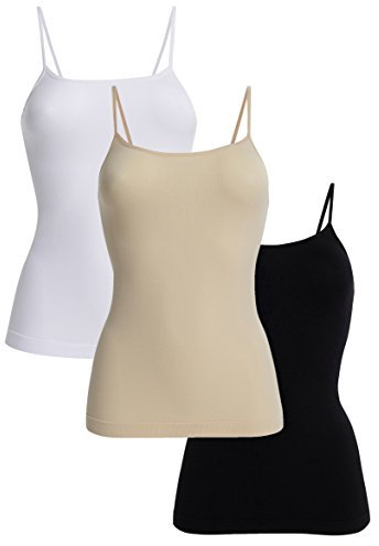 UnsichtBra 3er Pack Damen Shape Unterhemden | Spaghettiträger Basic Top Unterhemd | Mikrofaser Spaghetti Tops ohne Bügel | Weiss Schwarz Beige (Schwarz,Weiss,Beige, M-L)
