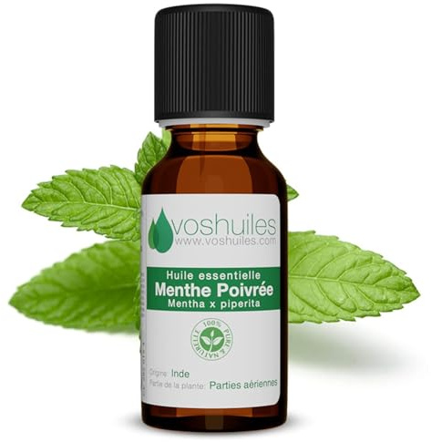 VOSHUILES - Huile Essentielle Menthe Poivrée - Parfum Mentholé Intense et Frais - 100% Pure, Naturelle et Chémotypée - Qualité HEBBD - Format Économique - 10ml