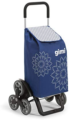 Gimi Tris Floral Carrello Portaspesa, 56 litri, Sistema 3+3 Ruote, Saliscale, Portata 30 kg, Acciaio/Tessuto, Blu, 51 x 41 x 102 cm