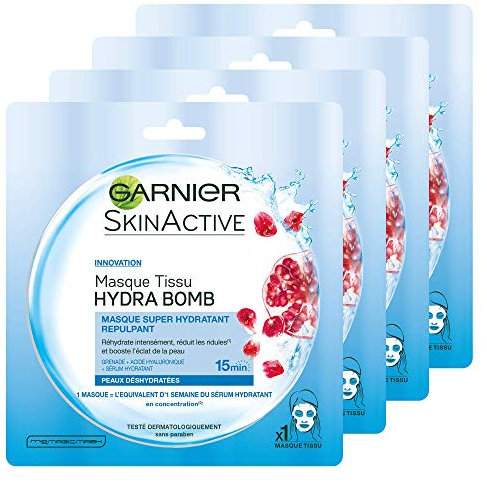 Mascarilla facial Garnier SkinActive Hydrabomb con extracto de granada. Hidratante y revitalizante para pieles deshidratadas. Pack de 4 unidades.