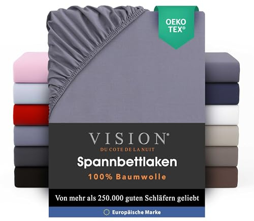 VISION Spannbettlaken – 100% Baumwolle – Doppelbett (160 x 200 cm) – Elastische Ecken – Passend für Matratzen bis zu 25 cm – Öko-Tex-Zertifizierung – Maschinenwaschbar – Farbe: Grau