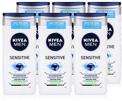 NIVE MEN duschgel i 6-pack (6 x 250 ml), lugnande vårdande dusch med bambuextrakt, fuktgivande duschgel för känslig hud