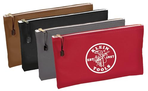 Klein Tools 5141 Zipper Tool Bag, Canvas Zipper Bag, Tool Pouch, Tool Bag, Utility Bag, Bank Deposit Bag, 12.5 x 7-Inch, Brown/Black/Gray/Red 4-Pack