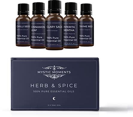 Mystic Moments | Herb & Spice Essential Oil Gift Starter Pack 5x10ml | Chilli Seed, Cinnamon Leaf, Clary Sage, Piperita Mentha, Thyme Red | Perfect as a Gift
