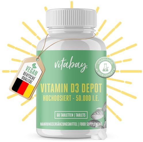 Vitabay Vitamin D3 Hochdosiert 50.000 I.E. - 60 Vegane Vitamin D Tabletten als Depot - Vit D Hochdosiert mit 50000 IE - Hochwertiges Vit D3 für lange Versorgung - Laborgeprüft