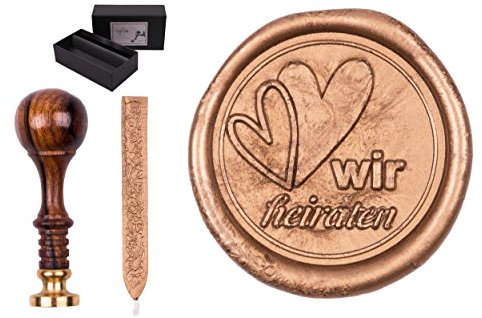 Siegelstempel Set Sigillum Hochzeit mit Gravur Wir heiraten mit Herzen, incl. 1 Stange Siegelwachs