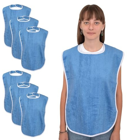 Elaine Karen Adult Bibs for Eating - Adult Bibs for Women - Bib for Men & Seniors - Bib for Adults, Clothing Protector, 100% Cotton Terry Cloth, Large 18x30, Absorbent, Machine Washable, Blue, 6 Pack