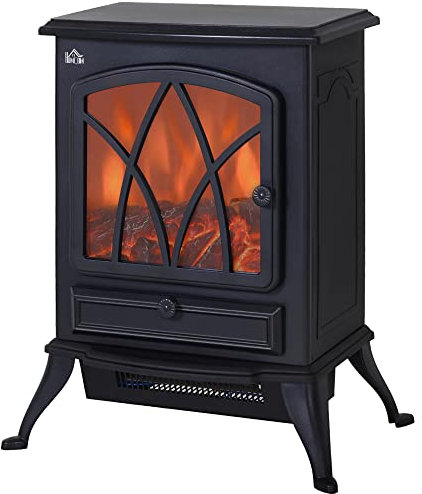 HOMCOM Electric Stove Heater with Realistic Flame Effect, 2000W Portable Indoor Freestanding Electric Fireplace with Adjustable Thermostat, Black