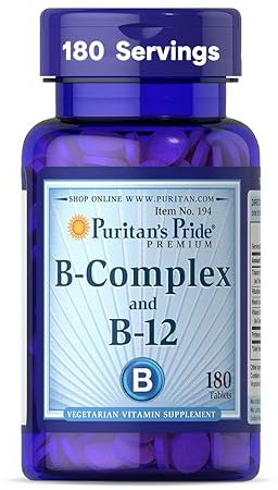 Puritan's Pride Premium Vitamin B-Complex and Vitamin B-12, Vegetarian Dietary Supplement for Cellular Energy Production, Maintains Health of Skin and Nerve Support, 180 Tablets