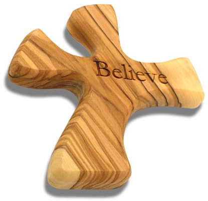 Jerusalem Wood Olive Wood Prayer Cross: Hand Held Cross Made to Perfectly Fit in Your Hand (Believe)