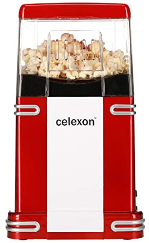 celexon CinePop CP250 Retro Popcornmaschine rot-weiß | kleiner Popcorn Maker zum befüllen mit Mais | Heißluft-Zubereitung zunächst fettarm & öl‑frei