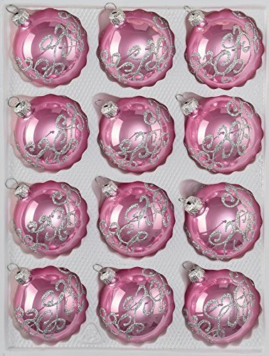 12 tlg. Glas-Weihnachtskugeln Set in Hochglanz-Rosa-Silberne-Ornamente - Neuheit - Christbaumkugeln - Weihnachtsschmuck-Christbaumschmuck