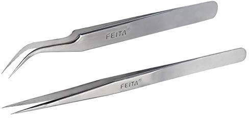 Ögonfranspincett – FEITA Precision ögonfransförlängning pincett set – professionell rak och böjd spetsig mycket fin spetspincett för fransförlängningar – silver – 2 st