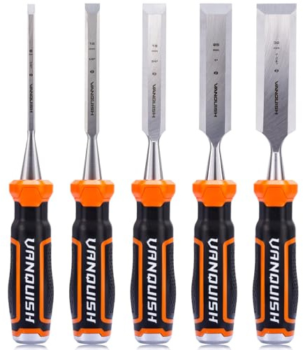 VANQUISH 5 Pcs Bevelled Blades Wood Chisel Set with Storage Bag Mortise Chisel with Steel Striking Cap for Woodworking Carving (4629)