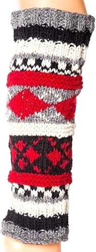 Handstickad ull fleece fodrade benvärmare | tibetanska strumpor, Svart/rött, One Size