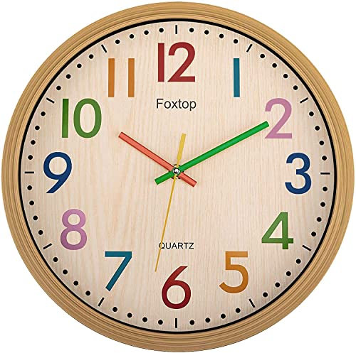Foxtop Silenzioso senza Tic-tac Bambini Orologio da Parete Decorativo Colorato Facile da Leggere per Classe Scuola Cucina Soggiorno Camera materna (Diametro: 30 cm)