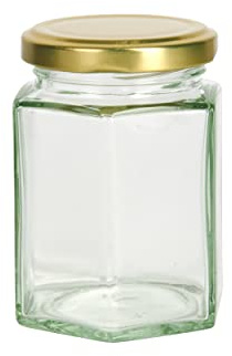 KitchenCraft Home Made Hexagonal Jar, 227ml Glass Jam Jar with Lid, Clear Glass Jar for use with Jams, Honey, Pickles Chutneys